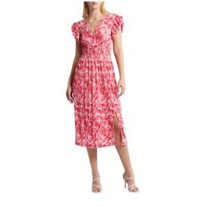 NWT Chelsea28 Women's 1X Flutter Sleeve Plissé Midi Pink Red Artful Petals Dress